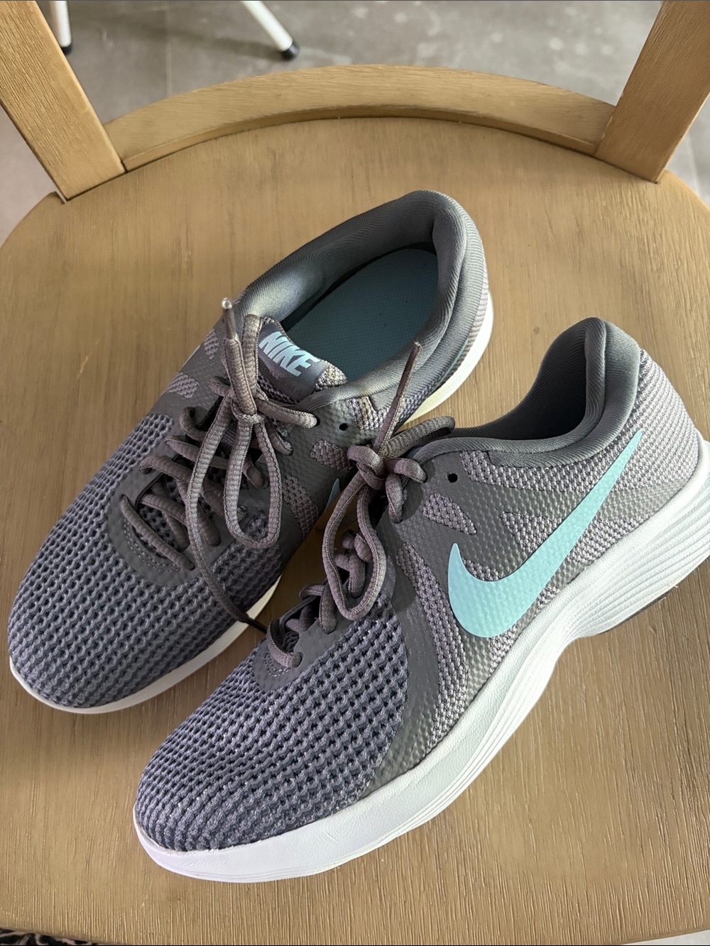 Nike Women's Revolution Gray Running Sneakers with Teal Swoosh